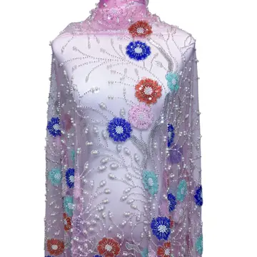 Pink Mesh Multicolour Floral Embellished Fabric — Fabric draped on a dress form; not a finished garment