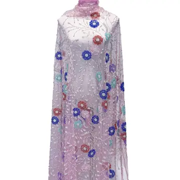 Pink Mesh Multicolour Floral Embellished Fabric — Fabric draped on a dress form; not a finished garment