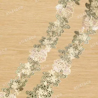 Pink and green flower vines lace trim