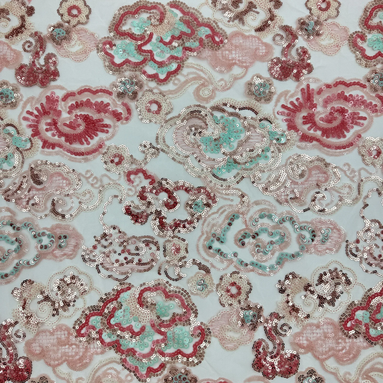 Pink Scroll Floral Sequin Mesh