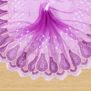 Purple scalloped floral border tulle trim — Photographed decorative trim sample; verify colour and construction with a physical sample