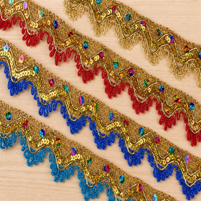 Rainbow tones crown sequin motifs decorative trim — Photographed decorative trim sample; verify colour and construction with a physical sample