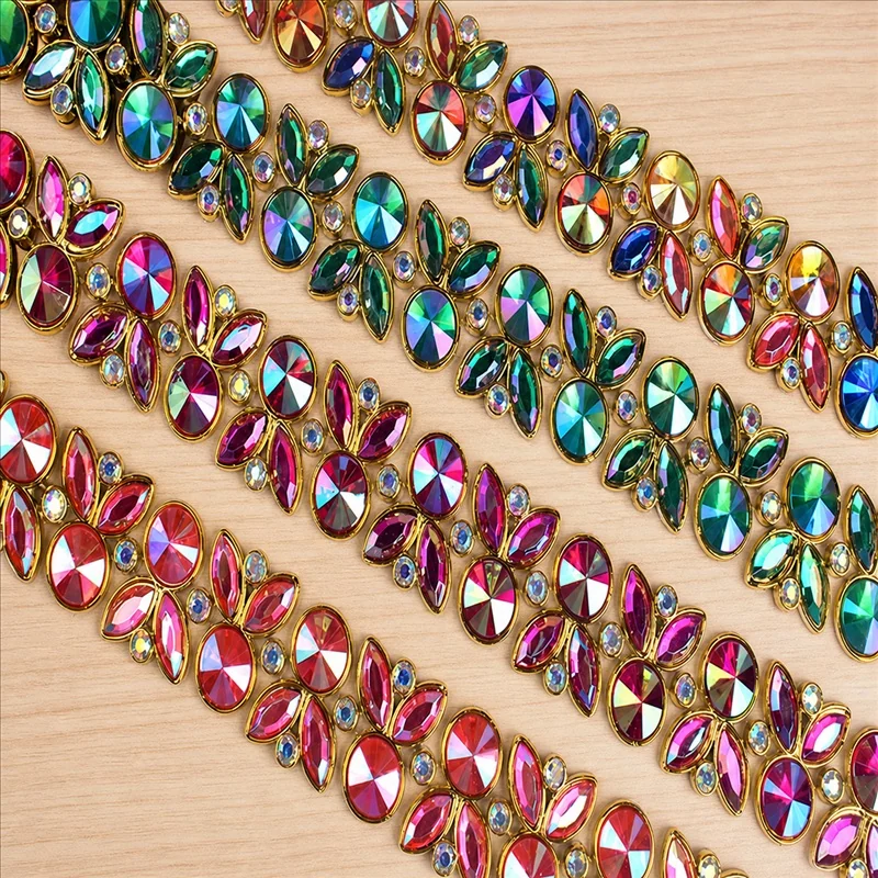 Rainbow tones faceted bead accents hanging trim — Photographed decorative trim sample; verify colour and construction with a physical sample