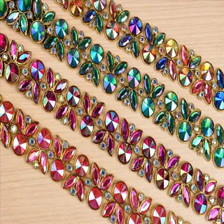 Rainbow tones faceted bead accents hanging trim — Photographed decorative trim sample; verify colour and construction with a physical sample