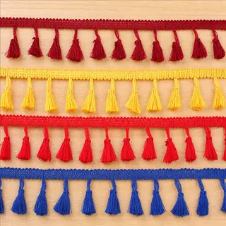 Rainbow tones wide tassels fringe trim — Photographed decorative trim sample; verify colour and construction with a physical sample