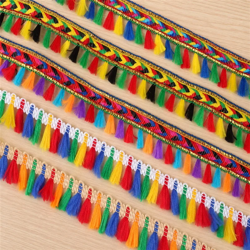 Rainbow tones long tassels fringe trim — Photographed decorative trim sample; verify colour and construction with a physical sample