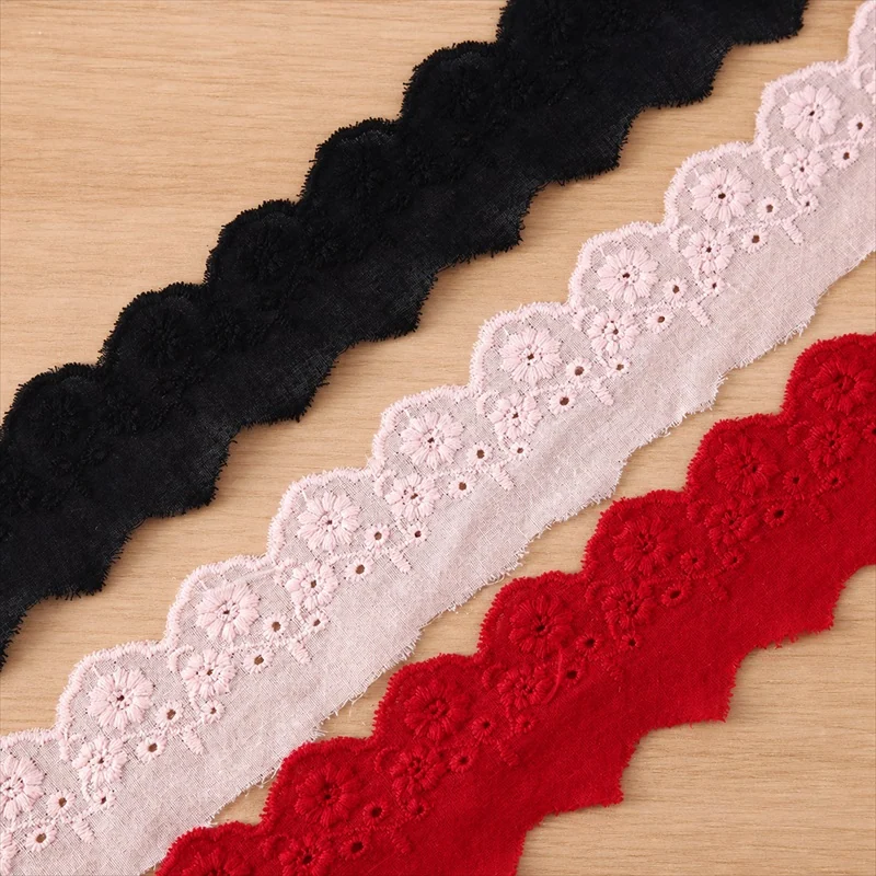 Red Black and Pink Eyelet Scallop Trim — Photographed decorative trim sample; verify colour and construction with a physical sample