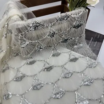 Scallop Bead and Sequin Mesh Fabric — Sample draped for visual reference