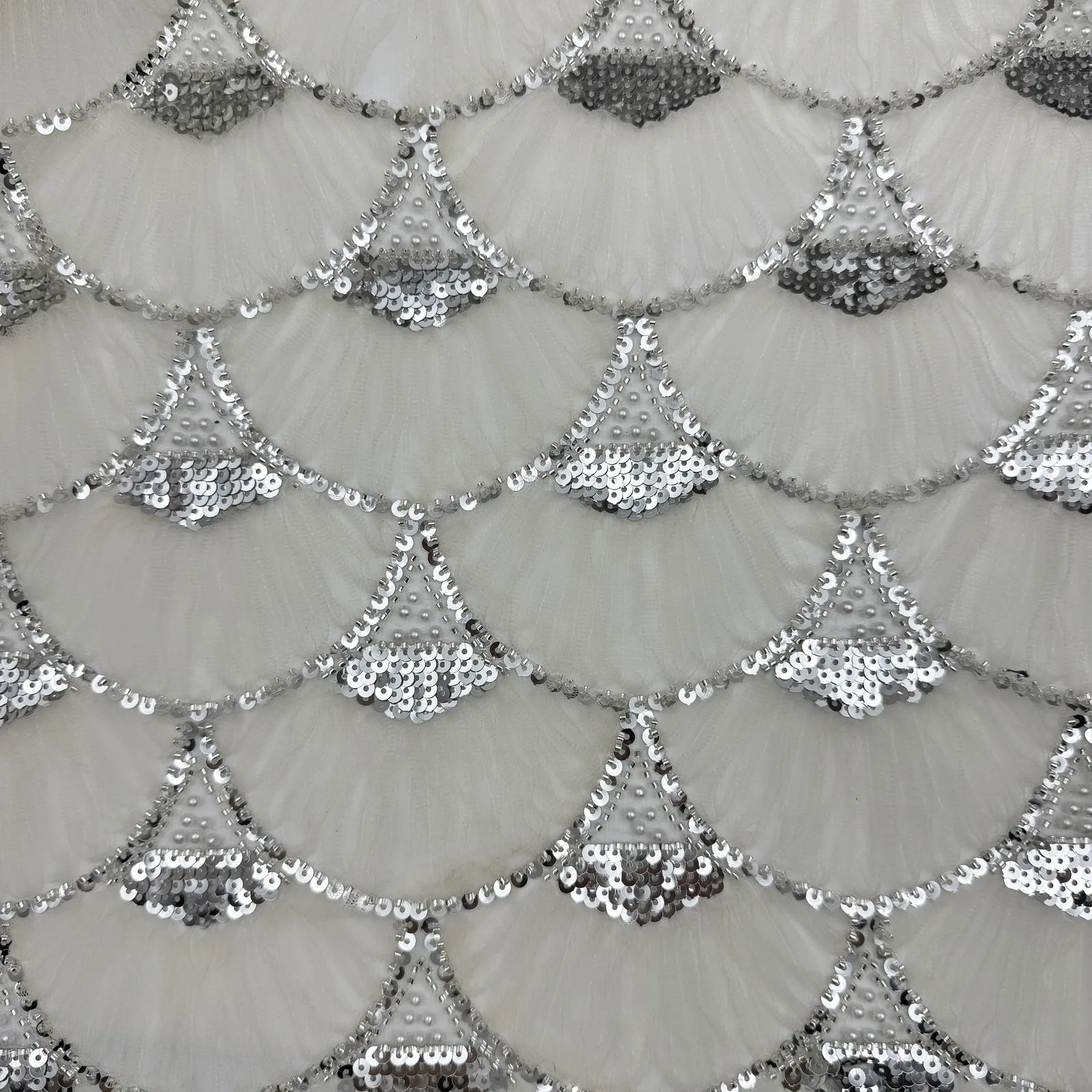 Scallop Bead and Sequin Mesh Fabric — Overall sample and pattern view