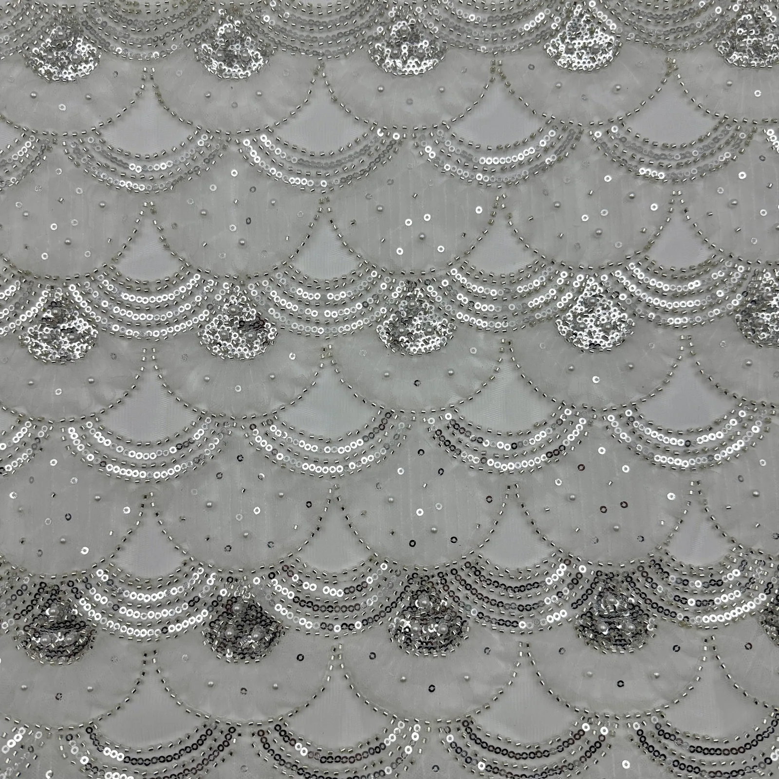 Scallop-Wave Beaded Mesh Fabric — Overall sample and pattern view