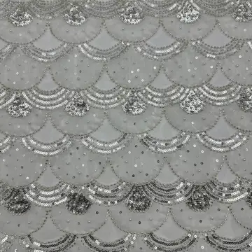 Scallop-Wave Beaded Mesh Fabric — Overall sample and pattern view