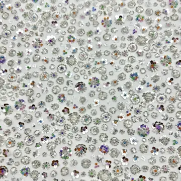 Silver Floral Disc and Bead Mesh Fabric — Overall sample and pattern view