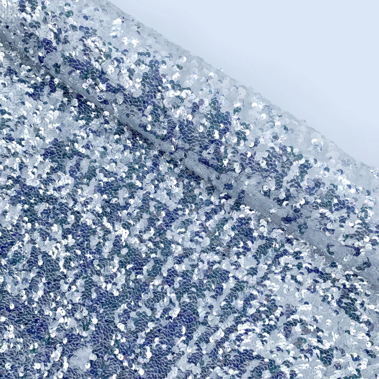 Silver Sequin Satin Fabric Samples — Overall sample and pattern view
