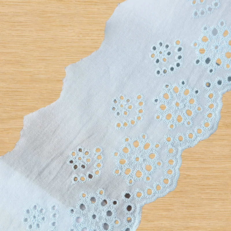 Sky blue eyelet daisies openwork trim — Photographed decorative trim sample; verify colour and construction with a physical sample