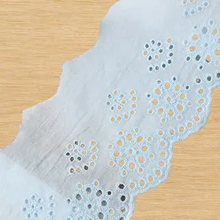 Sky blue eyelet daisies openwork trim — Photographed decorative trim sample; verify colour and construction with a physical sample