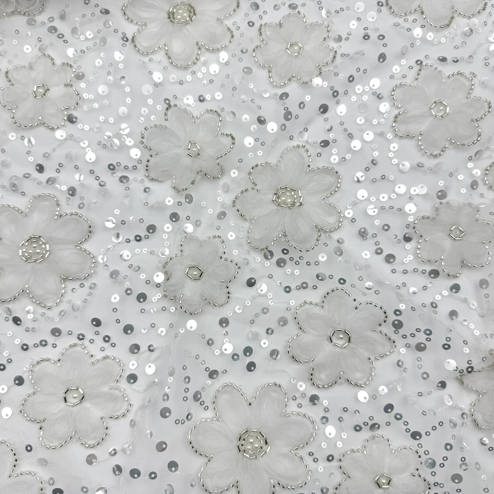 Small Flower Cord and Sequin Mesh Fabric — Overall sample and pattern view