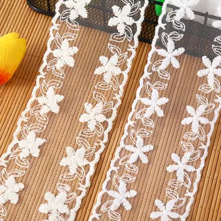 White daisy chains mesh trim — Photographed decorative trim sample; verify colour and construction with a physical sample