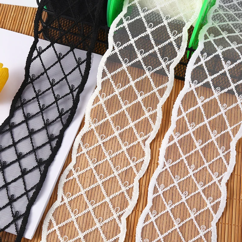 White diamond drops mesh trim — Photographed decorative trim sample; verify colour and construction with a physical sample