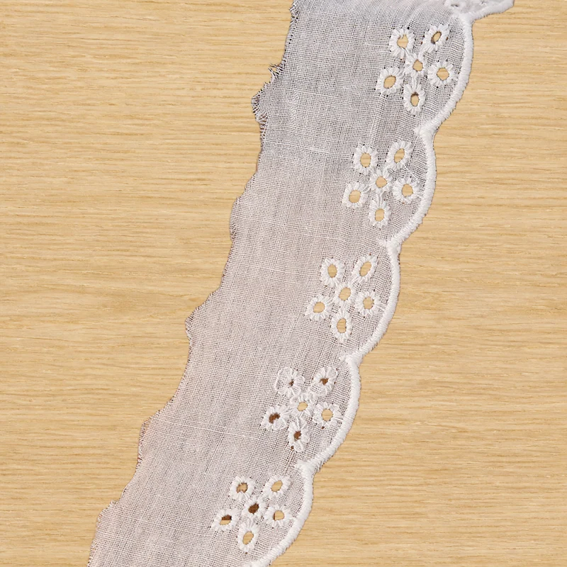 White Mini Daisy Eyelet Border — Photographed decorative trim sample; verify colour and construction with a physical sample