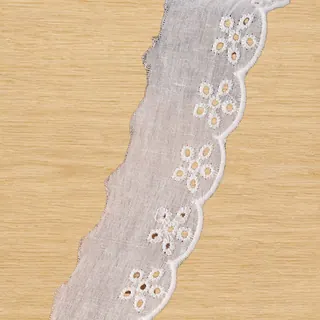 White Mini Daisy Eyelet Border — Photographed decorative trim sample; verify colour and construction with a physical sample