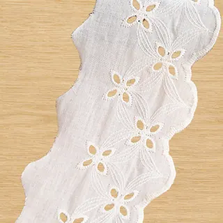 White scalloped flower openwork trim — Photographed decorative trim sample; verify colour and construction with a physical sample
