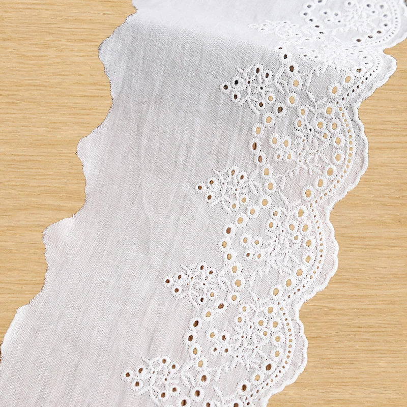 White scalloped eyelets openwork trim — Photographed decorative trim sample; verify colour and construction with a physical sample