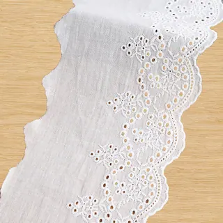White scalloped eyelets openwork trim — Photographed decorative trim sample; verify colour and construction with a physical sample