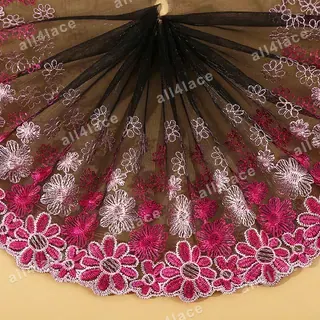 Wine and pink scalloped floral border tulle trim
