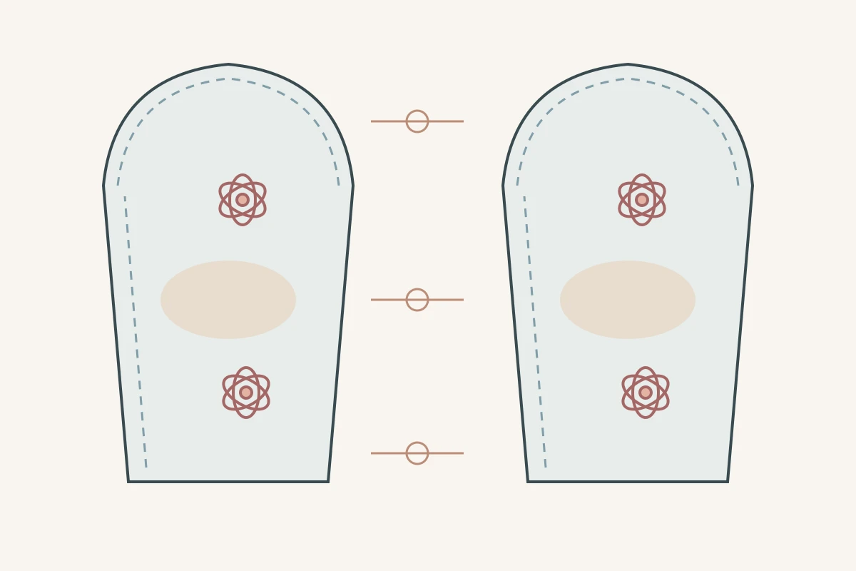 Conceptual pair of sleeve pattern shapes with marked cap, elbow zones and motif positions
