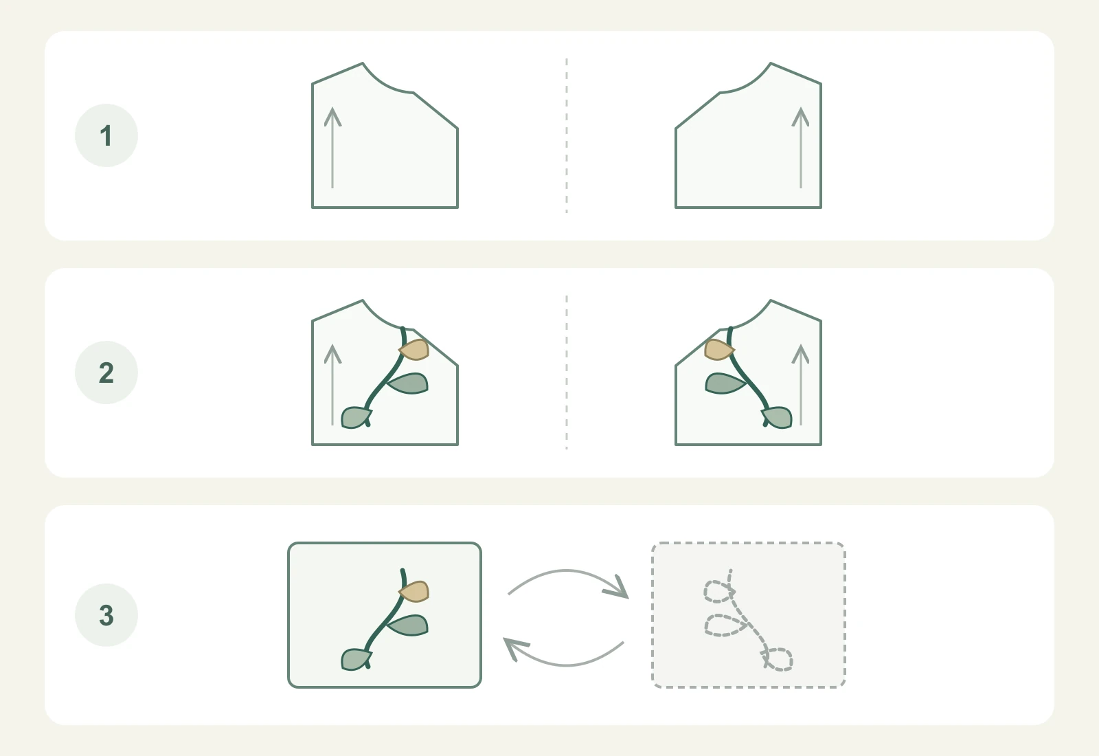 Three schematic pairs showing paper outlines, mirrored motifs and two fabric faces