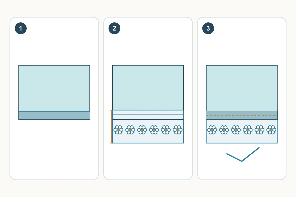 Three schematic stages of positioning lace along a folded fabric edge