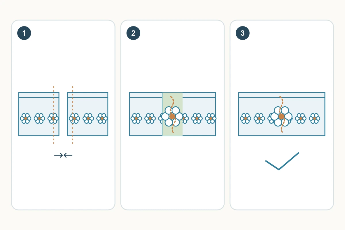 Schematic of matching trim ends, an overlapped motif and a completed join