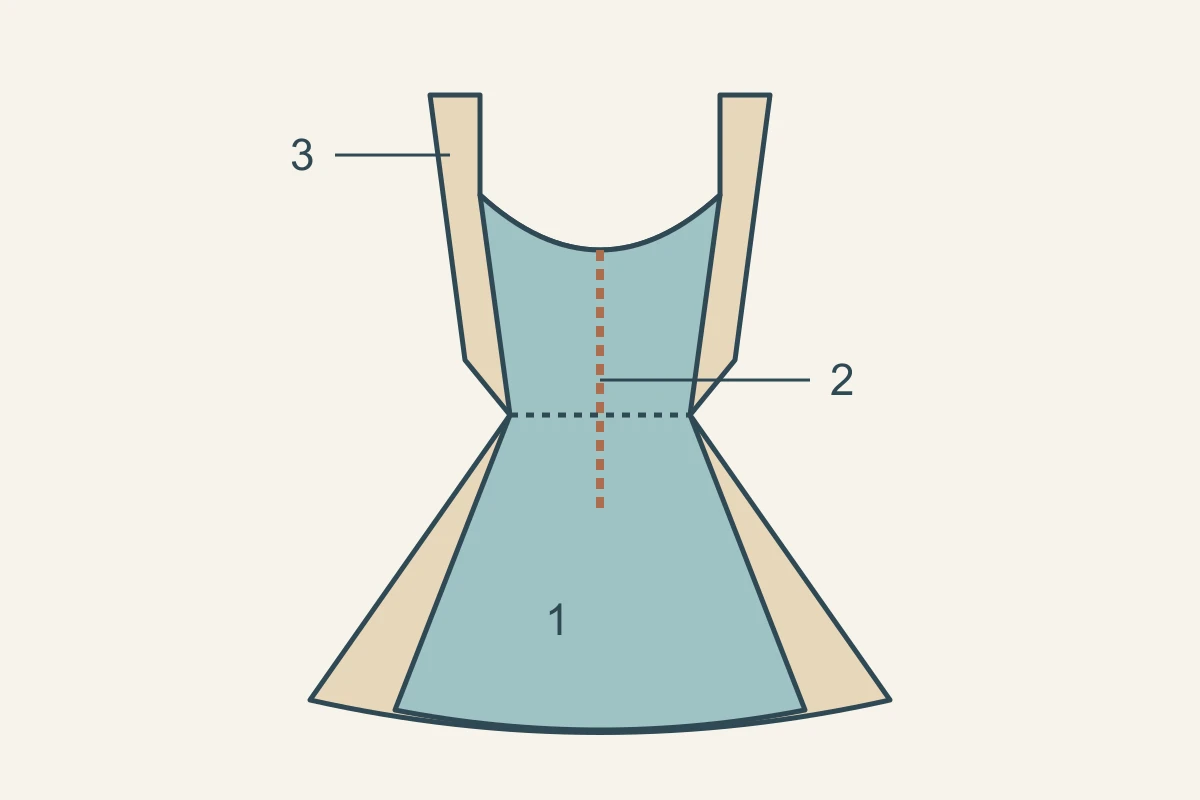Schematic of a dress back with an extended lace panel, possible opening route and strap joins; not a product photograph or a scale pattern.