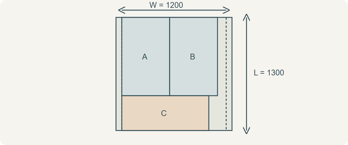 Three full pieces arranged within a usable-width rectangle with excluded margins