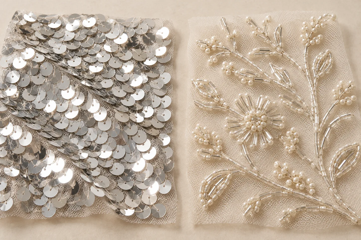 Illustrative sequin and bead embroidery samples shown side by side